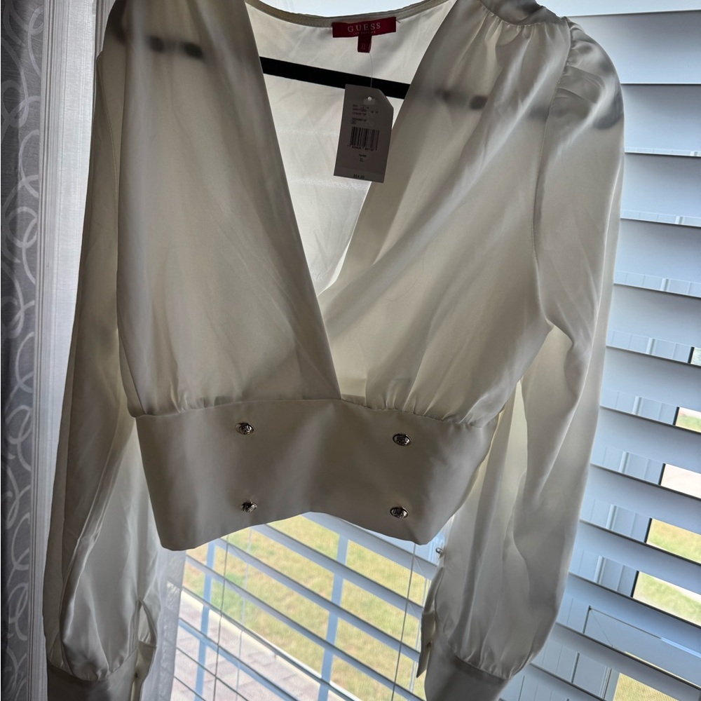 GUESS Women's Cream V-Neck Blouse
